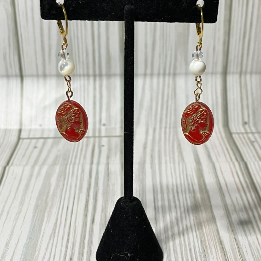 Handmade Red Cameo and Glass Pearl Bead Dangle Earring